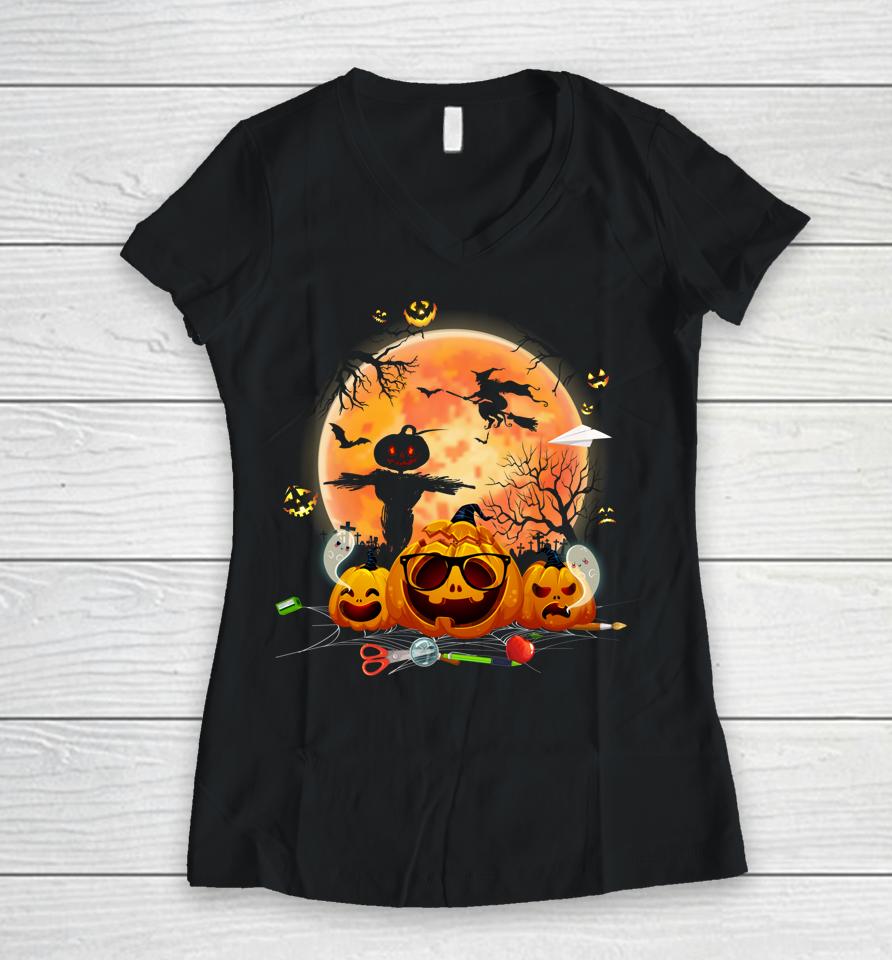 Cute Ghost Halloween Teacher Trick Or Teach Elementary Mummy Women V-Neck T-Shirt