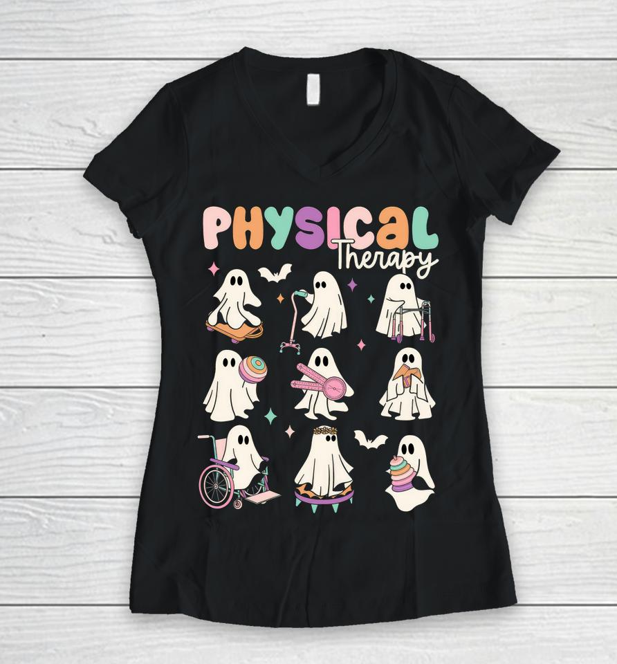 Cute Ghost Physical Therapy Pt Physical Therapist Halloween Women V-Neck T-Shirt