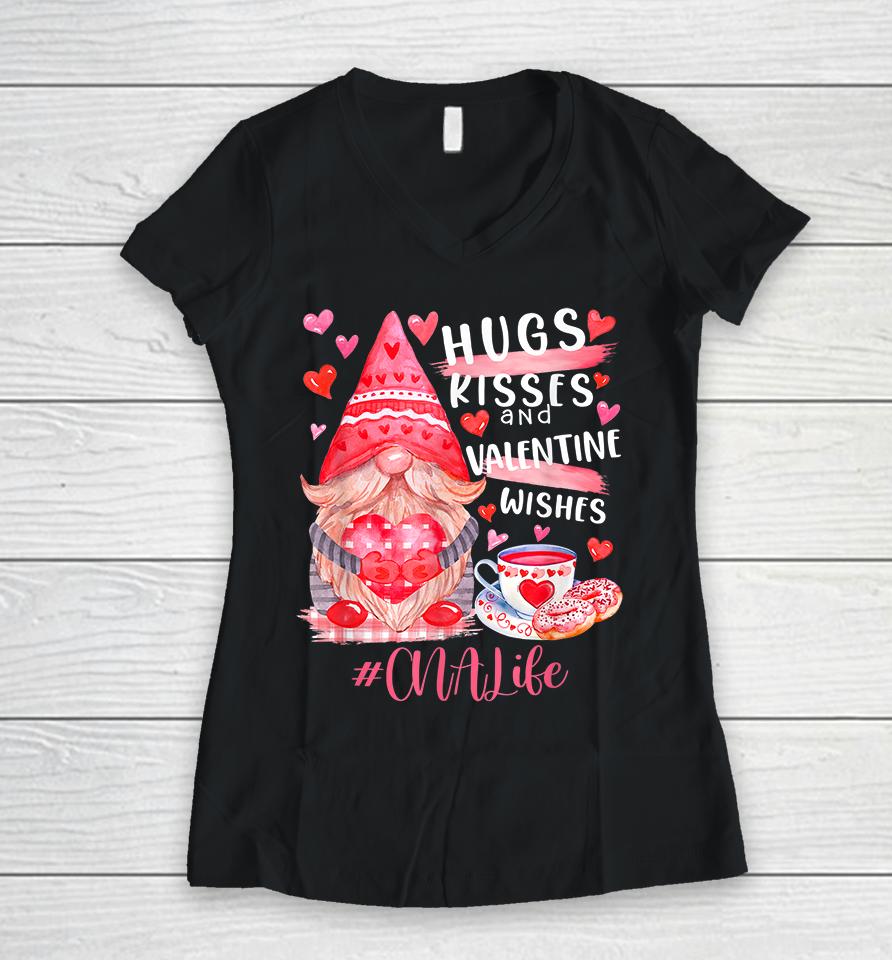 Cute Gnome Cna Life Nurse Hugs Kisses Valentines Day Women V-Neck T-Shirt