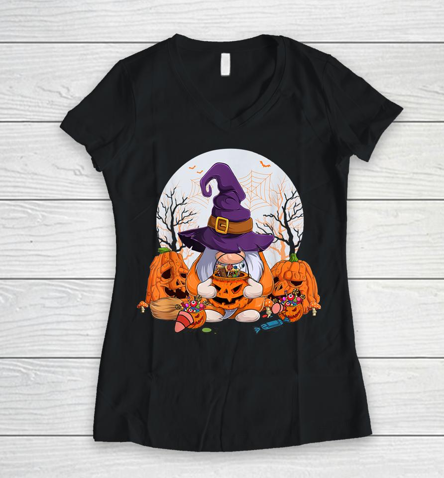 Cute Gnomes Happy Halloween Fall Candy Corn Pumpkin Women V-Neck T-Shirt