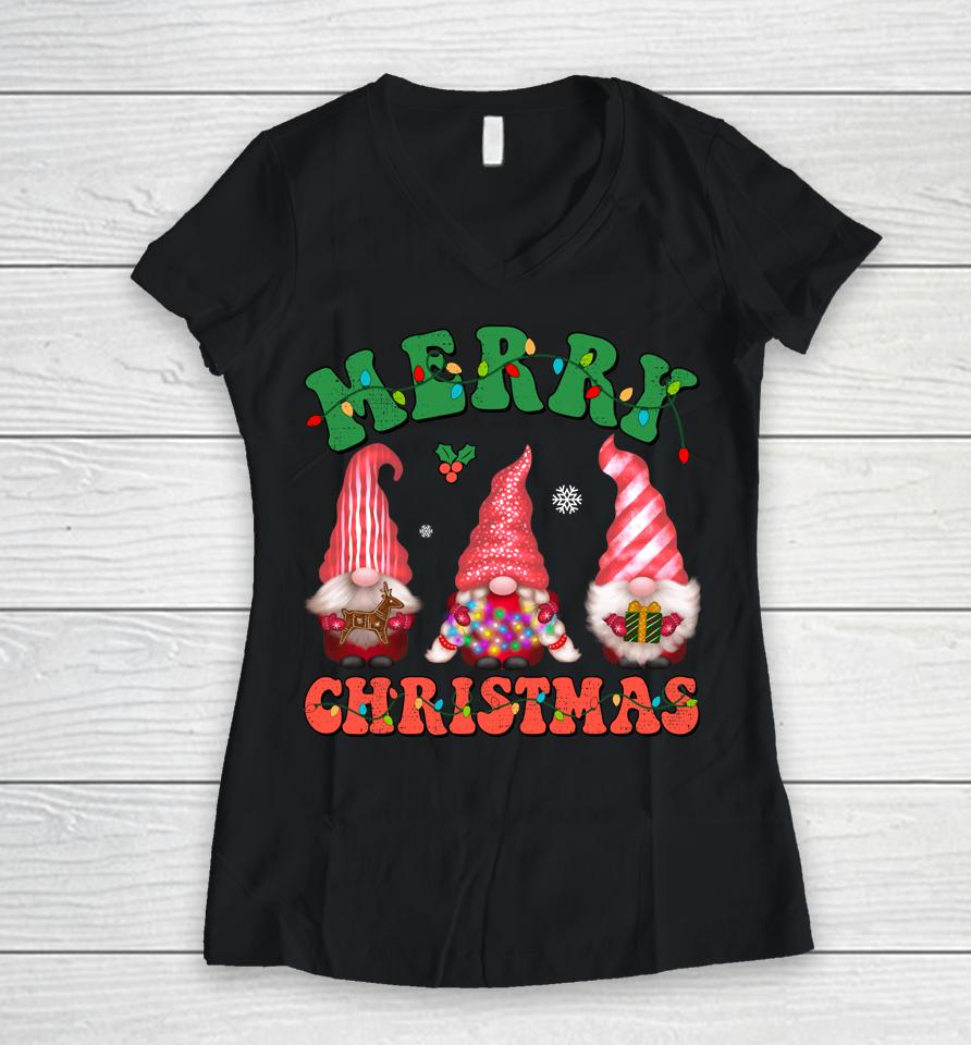 Cute Gnomes Merry Christmas Light Family Gnome Xmas Matching Women V-Neck T-Shirt