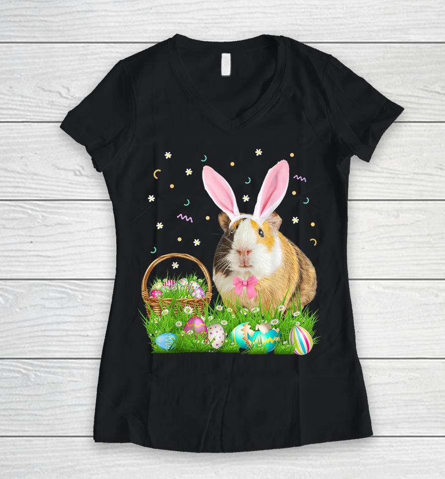 Cute Guinea Pig Easter Day Bunny Eggs Easter Women V-Neck T-Shirt