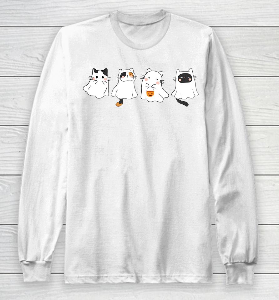 Cute Halloween Cat Ghost Long Sleeve T-Shirt