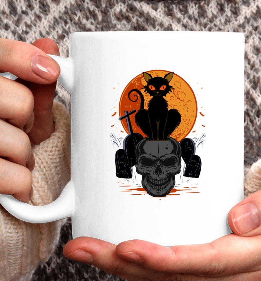Cute Halloween Gothic Black Cat Standing On Skull Art Coffee Mug