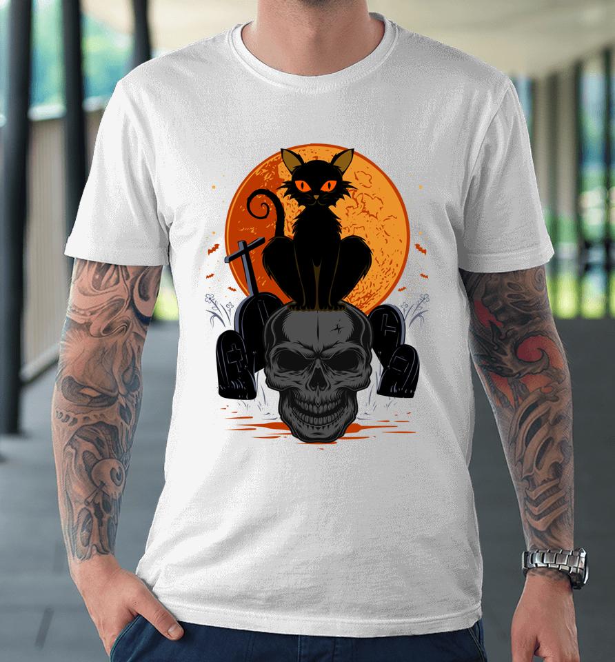 Cute Halloween Gothic Black Cat Standing On Skull Art Premium T-Shirt
