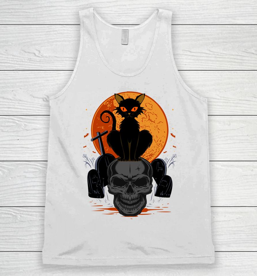 Cute Halloween Gothic Black Cat Standing On Skull Art Unisex Tank Top