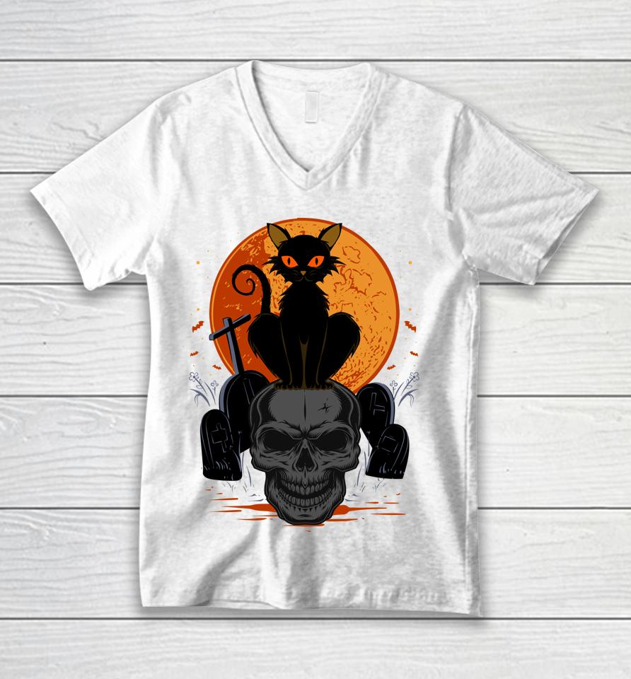 Cute Halloween Gothic Black Cat Standing On Skull Art Unisex V-Neck T-Shirt