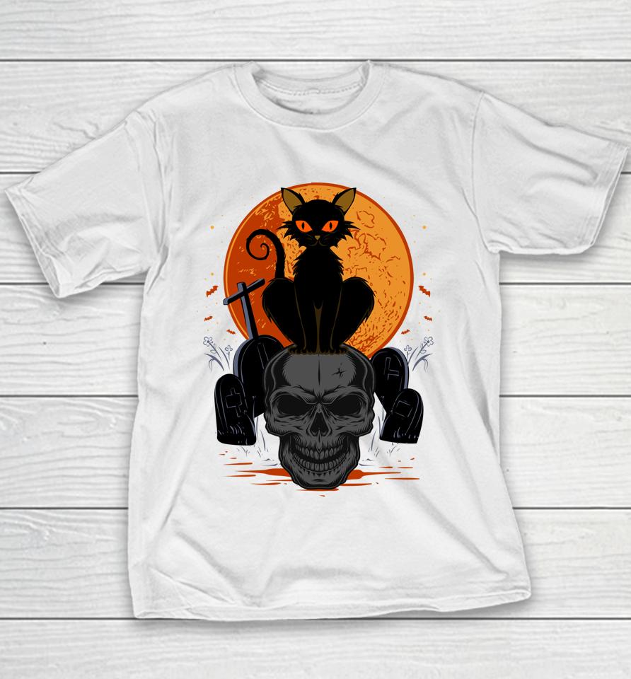 Cute Halloween Gothic Black Cat Standing On Skull Art Youth T-Shirt
