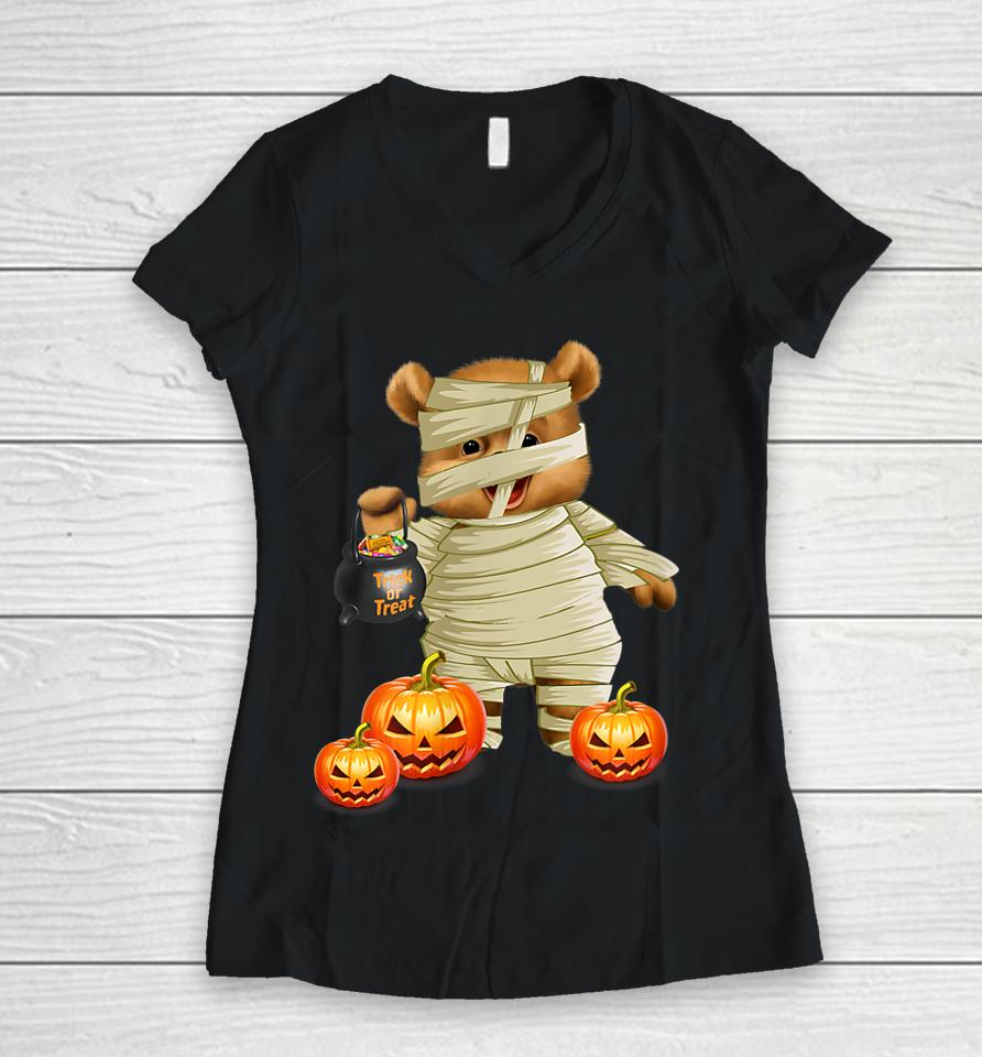Cute Halloween Pumpkin Funny Mummy Bear Women V-Neck T-Shirt