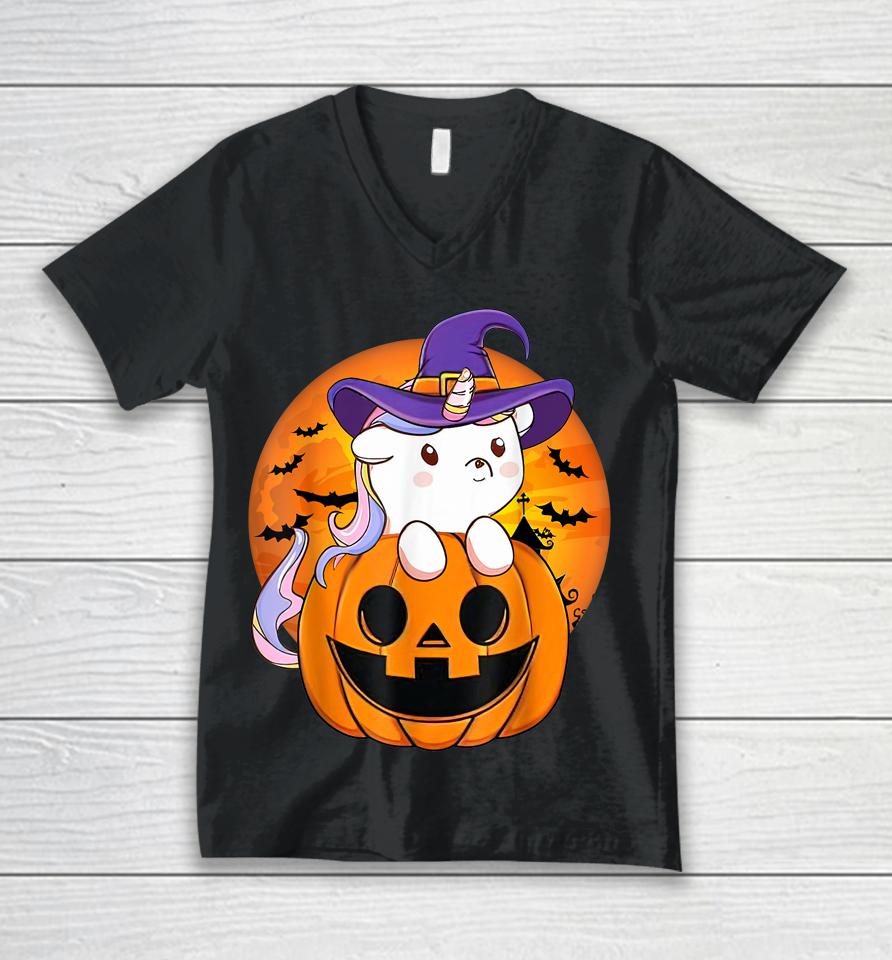 Cute Halloween Shirt Girls Women Witchy Unicorn Halloween Unisex V-Neck T-Shirt