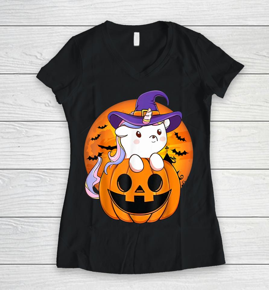 Cute Halloween Shirt Girls Women Witchy Unicorn Halloween Women V-Neck T-Shirt