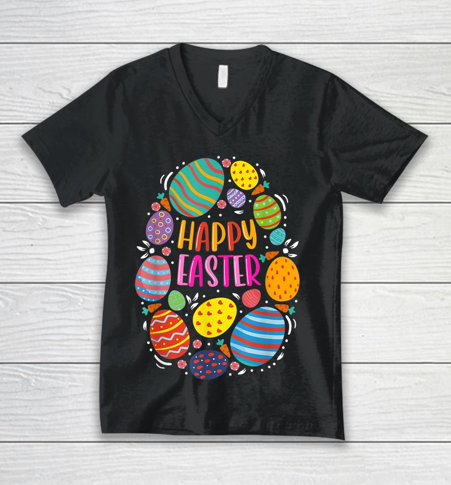 Cute Happy Easter For Teen Girls Boys Easter Colorful Eggs Unisex V-Neck T-Shirt
