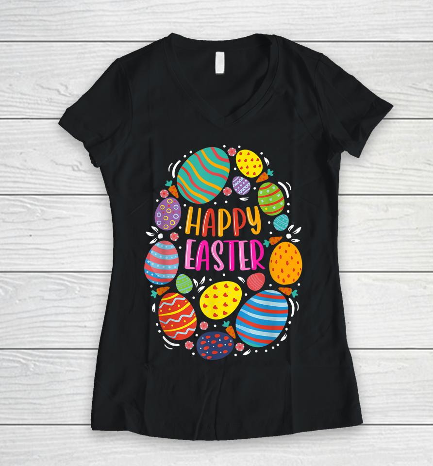 Cute Happy Easter For Teen Girls Boys Easter Colorful Eggs Women V-Neck T-Shirt
