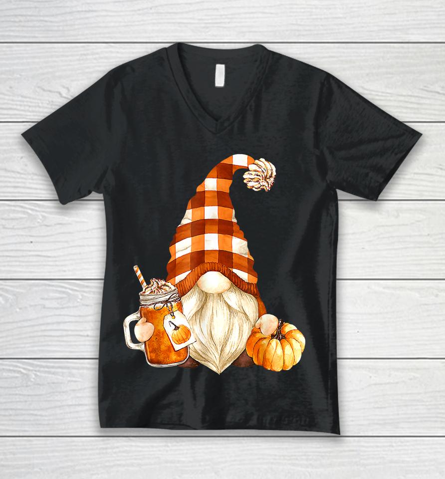 Cute Holiday Gnome For Thanksgiving With Fall Pumpkin Spice Unisex V-Neck T-Shirt