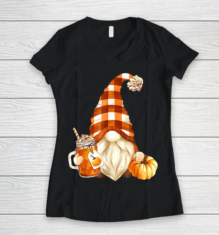 Cute Holiday Gnome For Thanksgiving With Fall Pumpkin Spice Women V-Neck T-Shirt