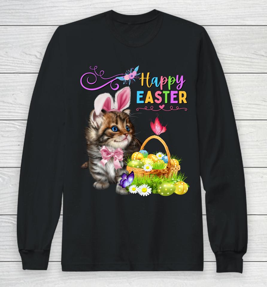 Cute Kitten Happy Easter Cat Bunny And Eggs Girls Easter Long Sleeve T-Shirt