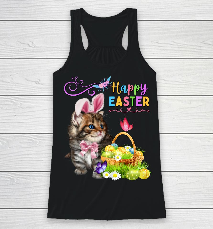 Cute Kitten Happy Easter Cat Bunny And Eggs Girls Easter Racerback Tank