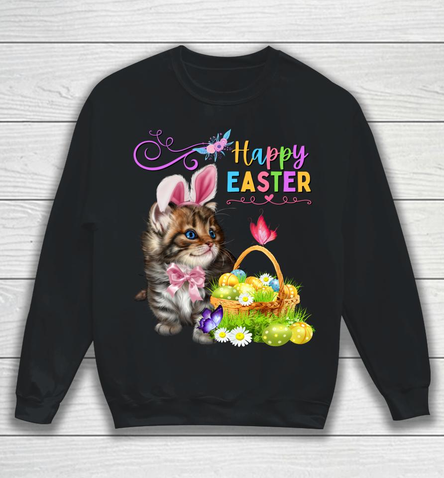 Cute Kitten Happy Easter Cat Bunny And Eggs Girls Easter Sweatshirt