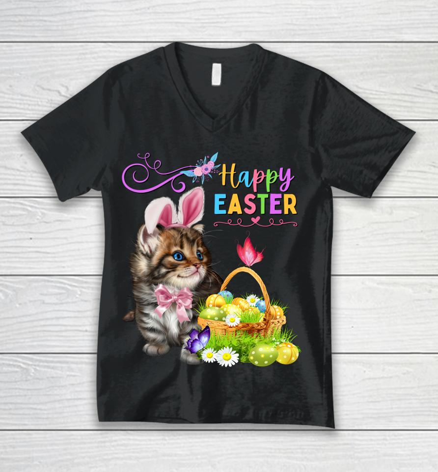Cute Kitten Happy Easter Cat Bunny And Eggs Girls Easter Unisex V-Neck T-Shirt