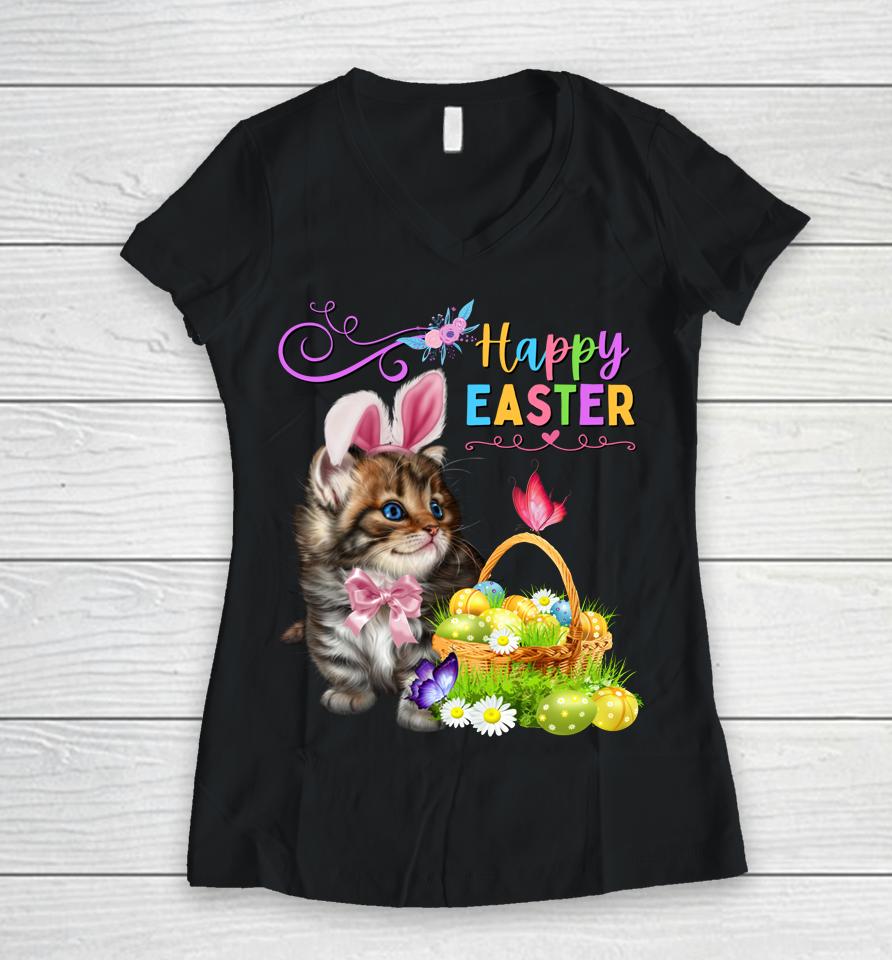 Cute Kitten Happy Easter Cat Bunny And Eggs Girls Easter Women V-Neck T-Shirt