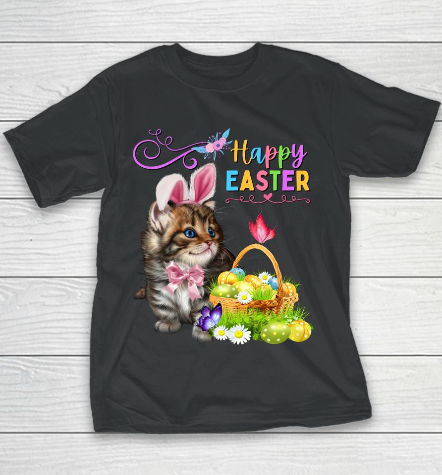 Cute Kitten Happy Easter Cat Bunny And Eggs Girls Easter Youth T-Shirt