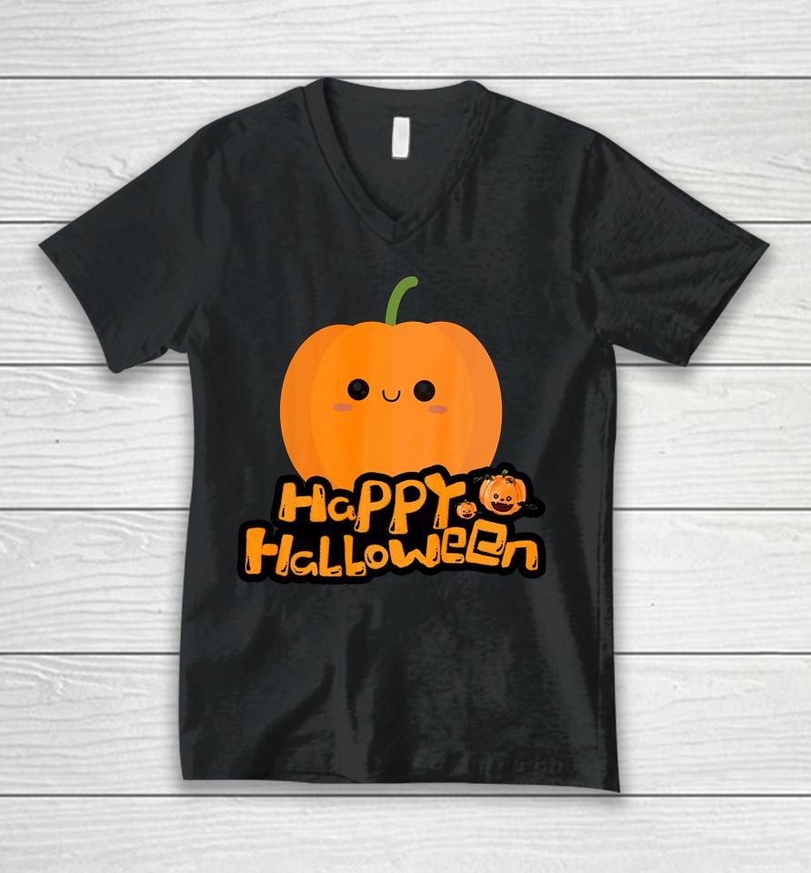 Cute Little Cartoon Pumpkin Happy Halloween Boys And Girls Unisex V-Neck T-Shirt