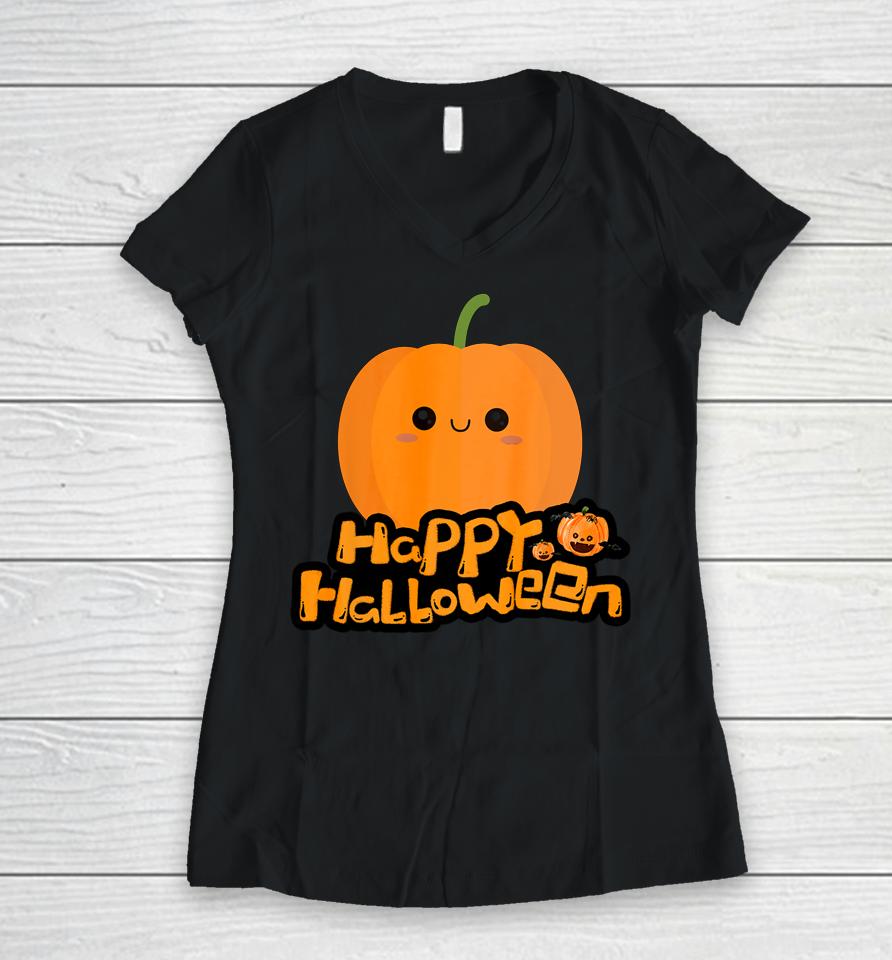 Cute Little Cartoon Pumpkin Happy Halloween Boys And Girls Women V-Neck T-Shirt