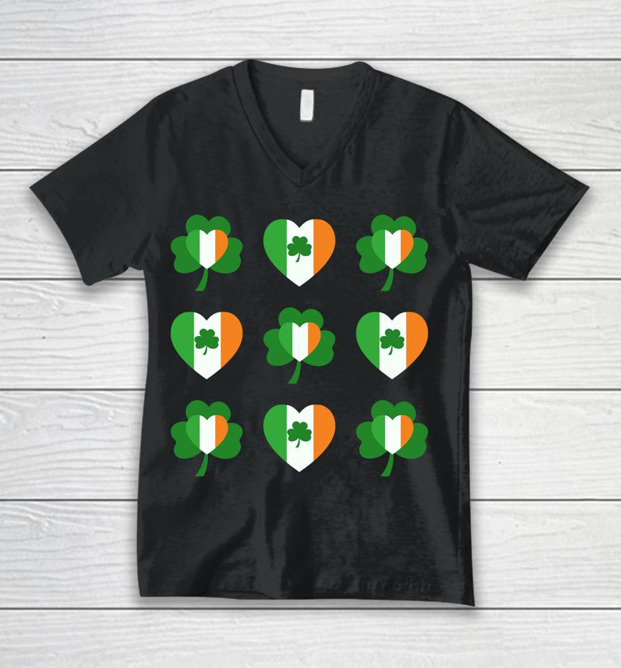 Cute Lucky Heart Shamrock Happy St Patricks Day Unisex V-Neck T-Shirt