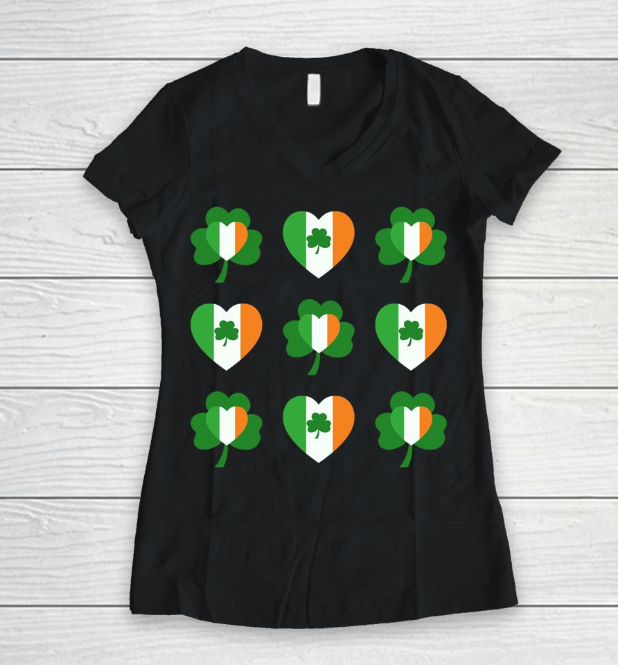 Cute Lucky Heart Shamrock Happy St Patricks Day Women V-Neck T-Shirt