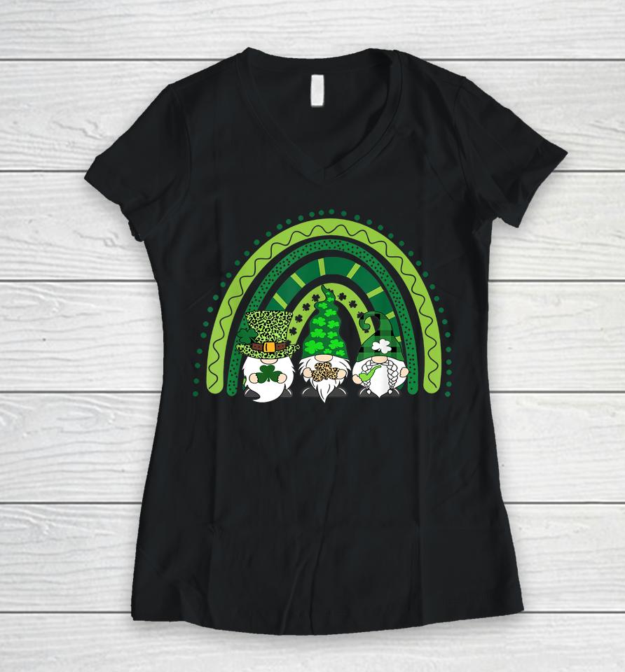 Cute Lucky Rainbow Gnome Happy St Patricks Day Family Women V-Neck T-Shirt