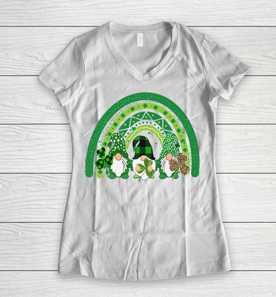 Cute Lucky Rainbow Gnome Happy St Patrick's Day Family Women V-Neck T-Shirt