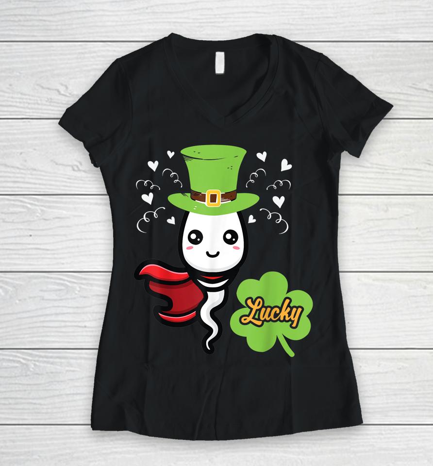Cute Lucky Sperm Shamrocks Irish St Patrick's Day Women V-Neck T-Shirt