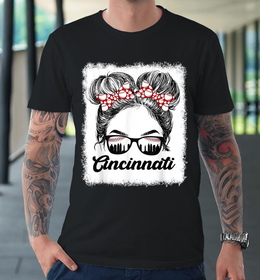 Cute Messy Bun Cincinnati Retro Baseball Lover Game Day Premium T-Shirt