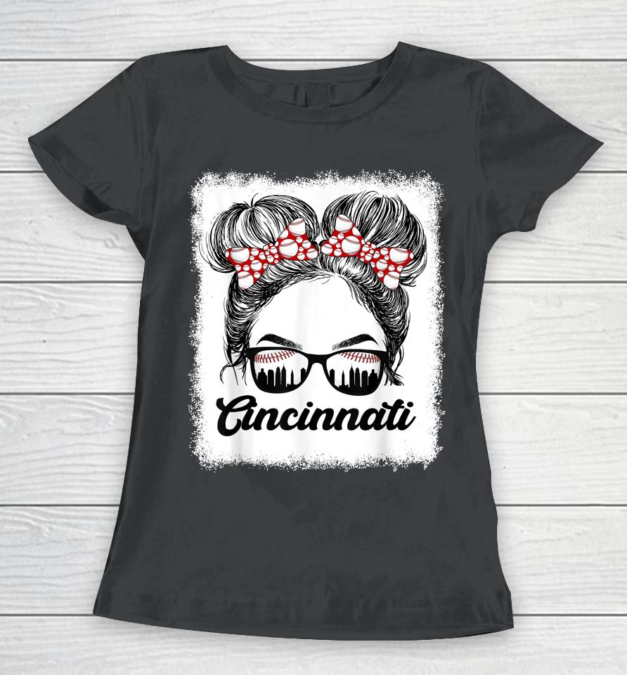Cute Messy Bun Cincinnati Retro Baseball Lover Game Day Women T-Shirt