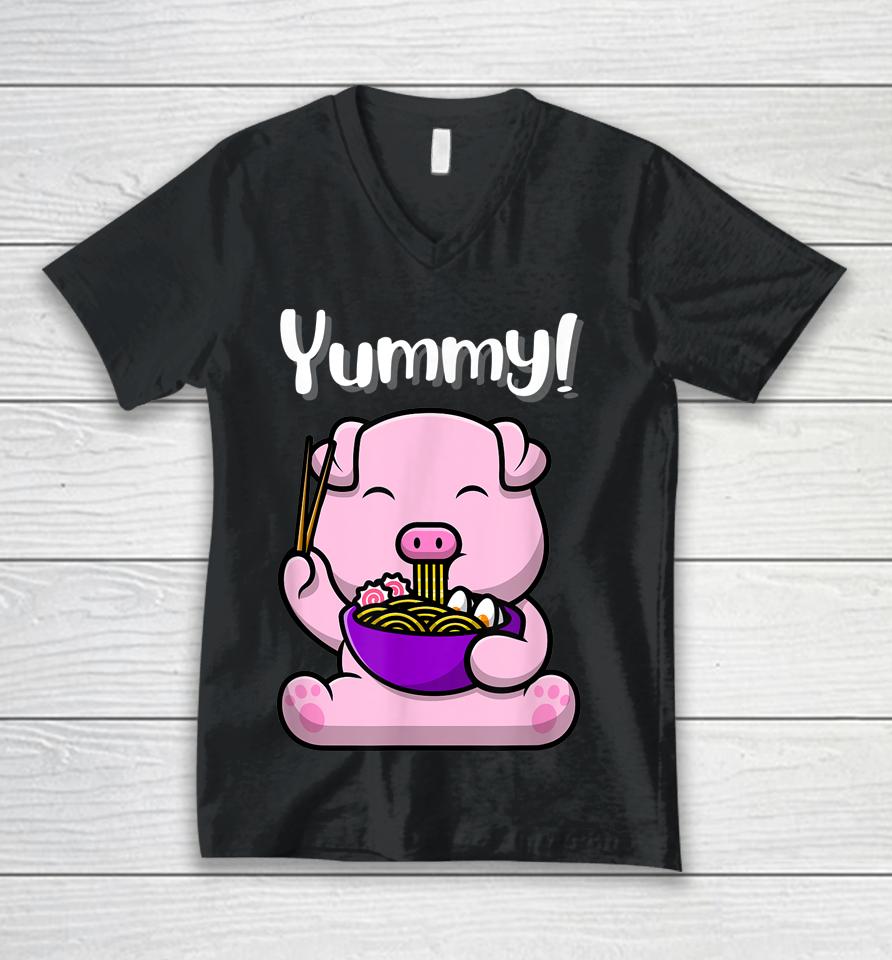 Cute Piggy Eating Ramen Noodles Funny Yummy Unisex V-Neck T-Shirt