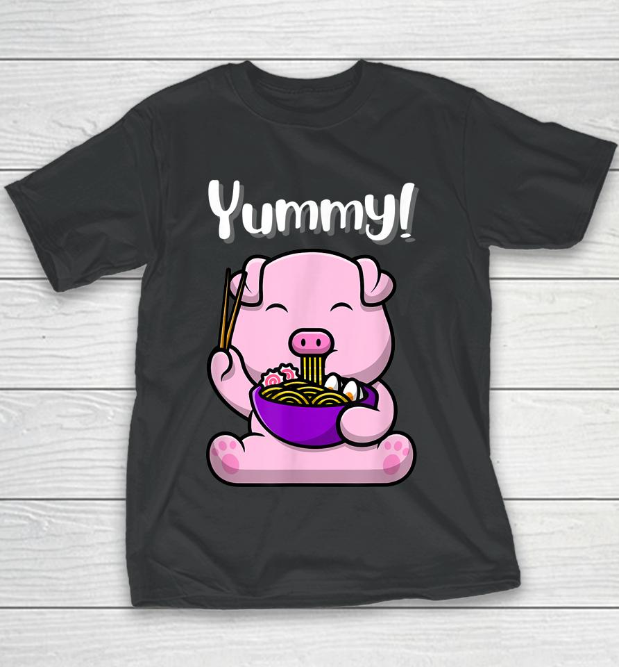 Cute Piggy Eating Ramen Noodles Funny Yummy Youth T-Shirt