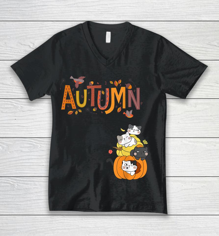 Cute Pumpkin Cats Hello Fall Autumn Unisex V-Neck T-Shirt