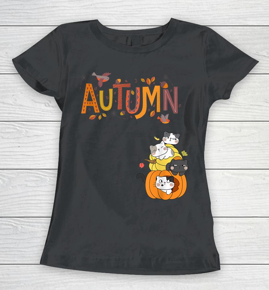 Cute Pumpkin Cats Hello Fall Autumn Women T-Shirt