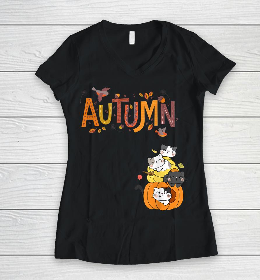 Cute Pumpkin Cats Hello Fall Autumn Women V-Neck T-Shirt