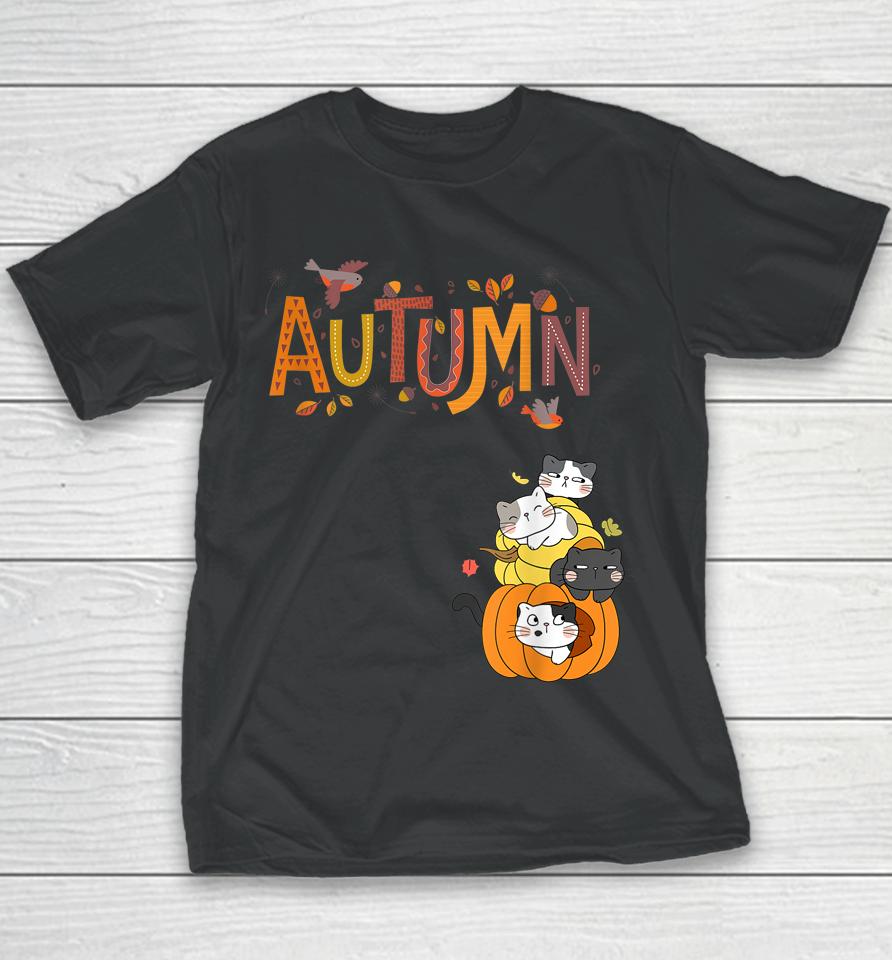 Cute Pumpkin Cats Hello Fall Autumn Youth T-Shirt