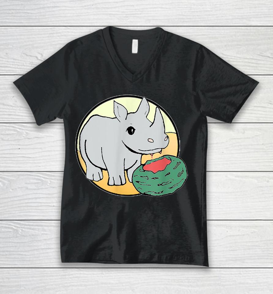 Cute Rhino Eating A Watermelon For Animal Lovers Unisex V-Neck T-Shirt