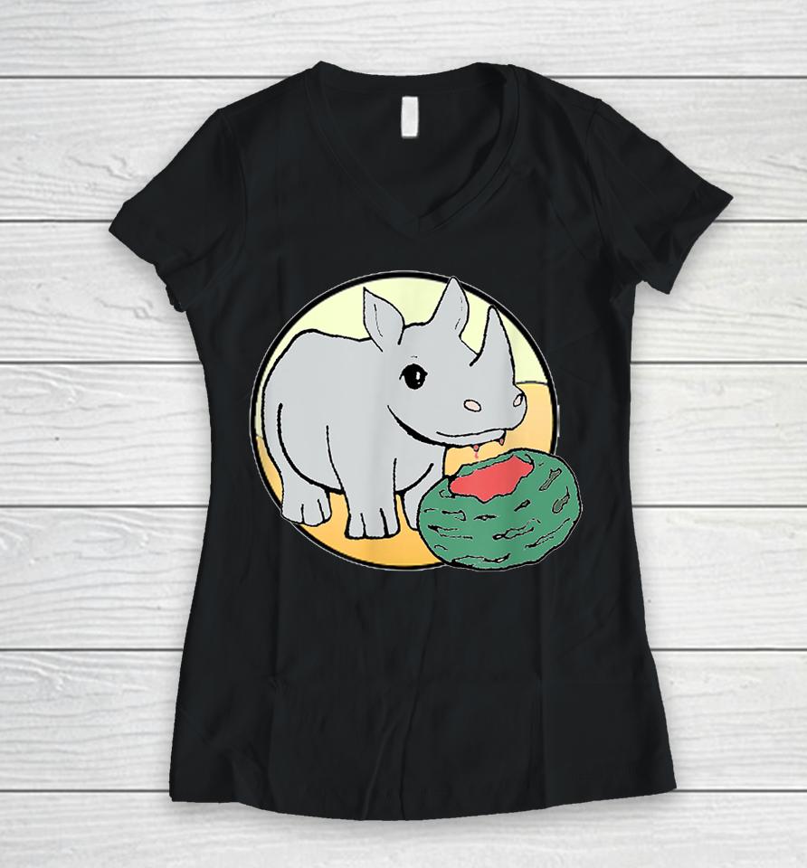 Cute Rhino Eating A Watermelon For Animal Lovers Women V-Neck T-Shirt