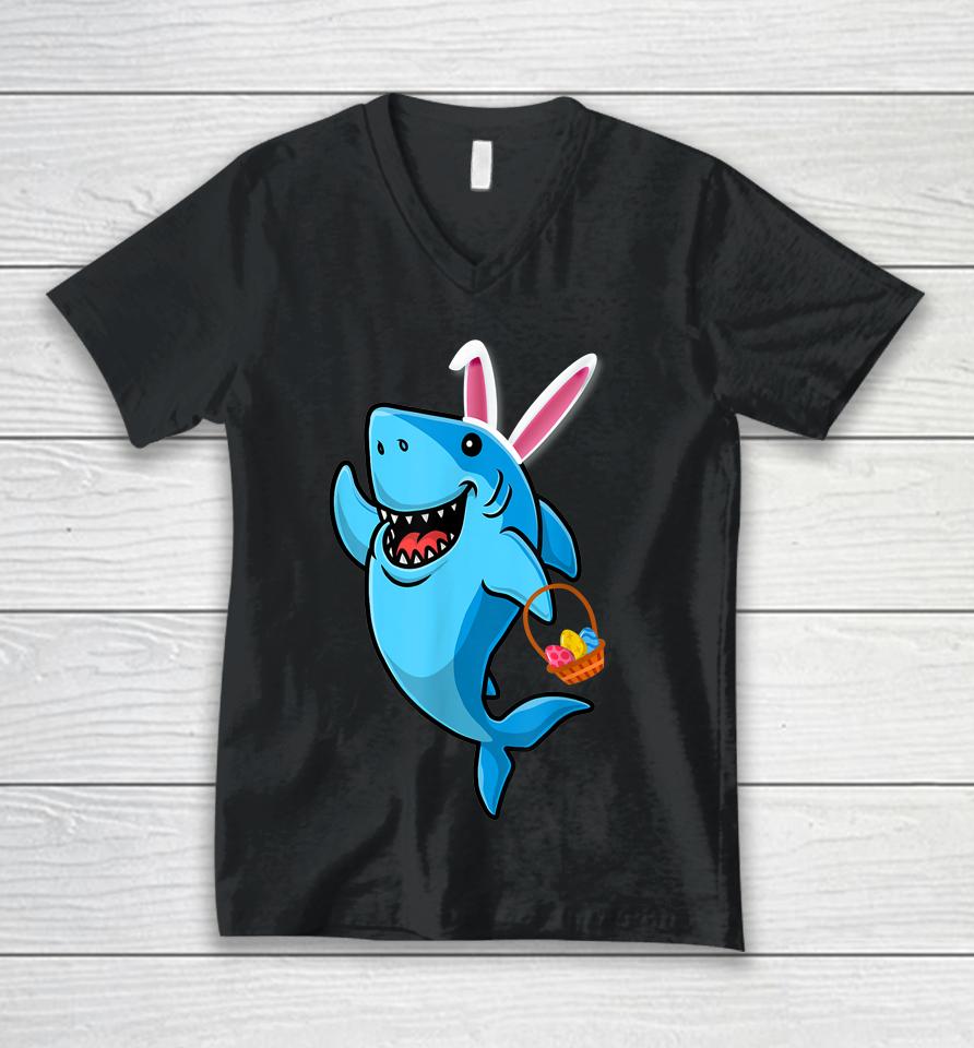 Cute Shark With Easter Basket And Bunny Ears Happy Easter Unisex V-Neck T-Shirt