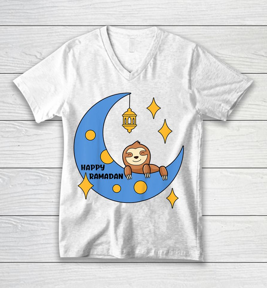 Cute Sloth Ramadan Mubarak Ramadan Kareem Eid Mubarak Unisex V-Neck T-Shirt
