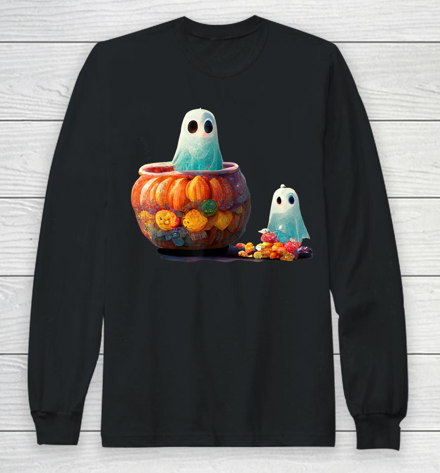 Cute Spooky Little Ghost In A Pumpkin With Halloween Candy Long Sleeve T-Shirt