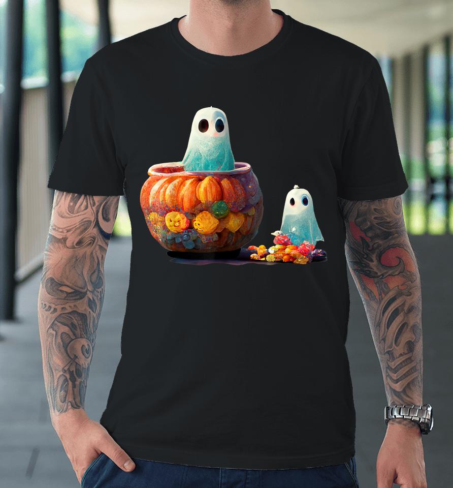 Cute Spooky Little Ghost In A Pumpkin With Halloween Candy Premium T-Shirt