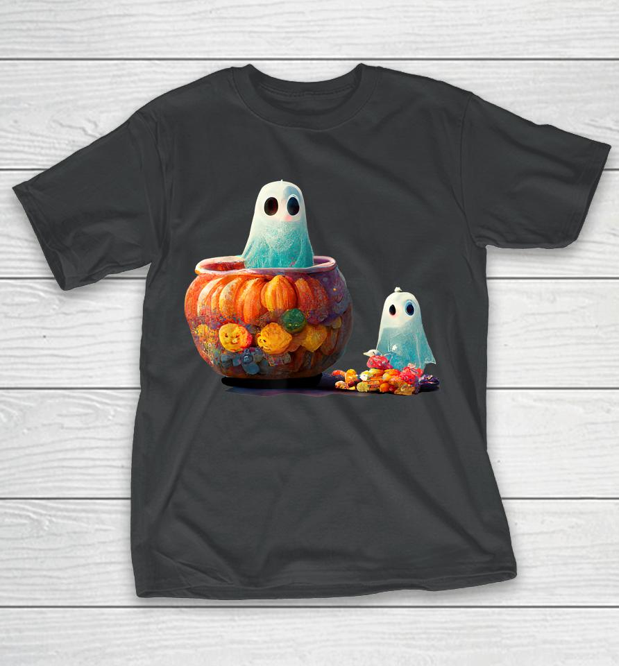 Cute Spooky Little Ghost In A Pumpkin With Halloween Candy T-Shirt