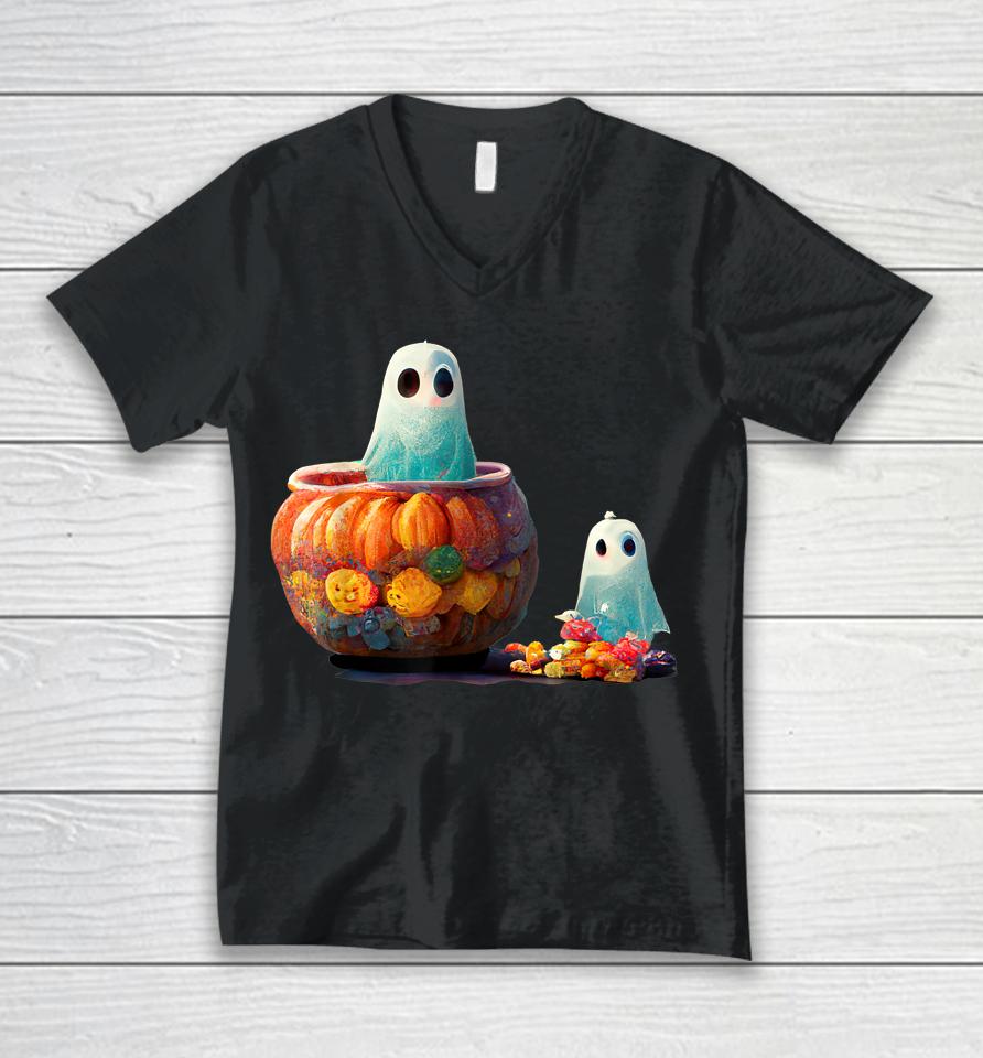 Cute Spooky Little Ghost In A Pumpkin With Halloween Candy Unisex V-Neck T-Shirt