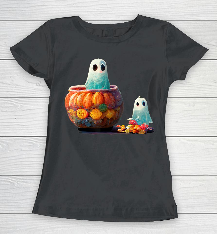 Cute Spooky Little Ghost In A Pumpkin With Halloween Candy Women T-Shirt