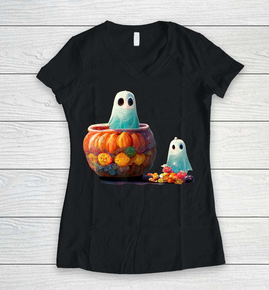 Cute Spooky Little Ghost In A Pumpkin With Halloween Candy Women V-Neck T-Shirt